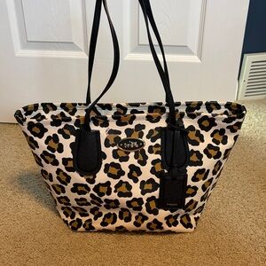 Coach Leopard Print Canvas Tote in Black and Tan